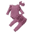 thumbnail image 1 of dmqupv Short Romper Outfit Set Girl Baby Girls Three Piece Ribbed Ruffle Long Sleeve Bodysuit And Pants Set With Bow Purple,Size for 3-6 Months, 1 of 5