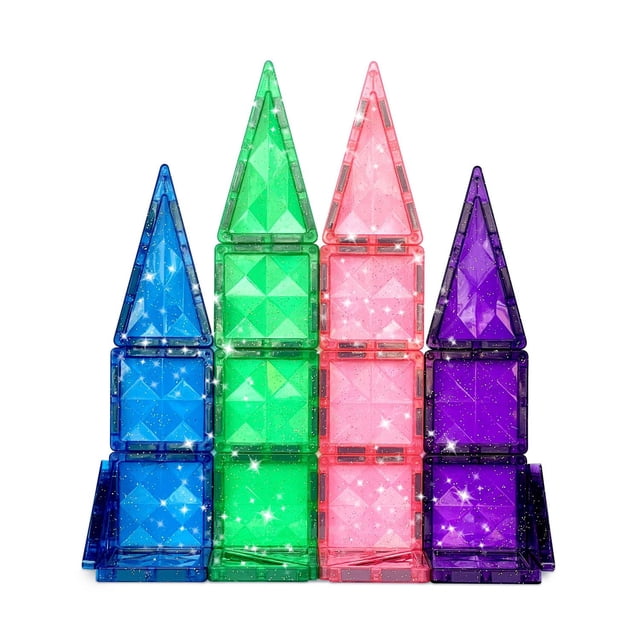 CreateOn Crayola Glitter PIP Magnetic Tile 24-Piece Set featuring glitter-infused translucent magnetic tiles in blue, green, pink, and purple, arranged in four vertical stacks of square and triangular shapes, ideal for creative building and early learning development.