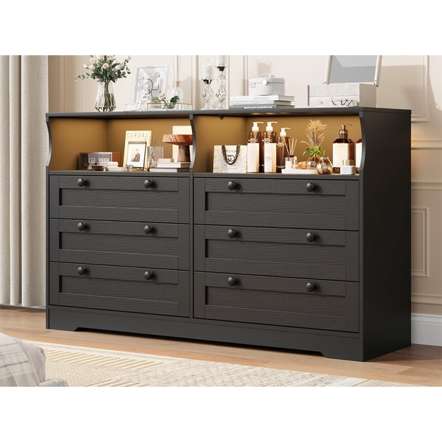 BeesClover 55 Inch Large Wooden Dresser with 6 Drawers & LED Lights - Multi-Functional TV Stand for Bedroom, Power Outlet, Wide Storage Cabinet