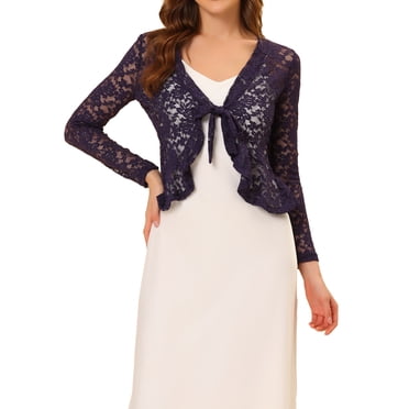 INSPIRE CHIC Women's Floral Lace Bolero Shrug Ruffled Hem Tie-Front Cropped Cardigan Lightweight Summer Cover Up Purple XL