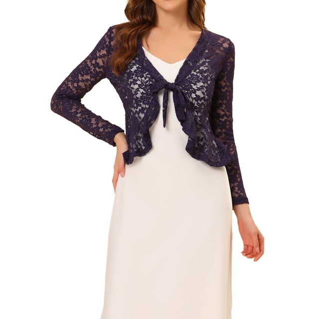 INSPIRE CHIC Women's Floral Lace Cardigans Tie Front Ruffled Hem Sheer Crop Bolero Shrug S Purple