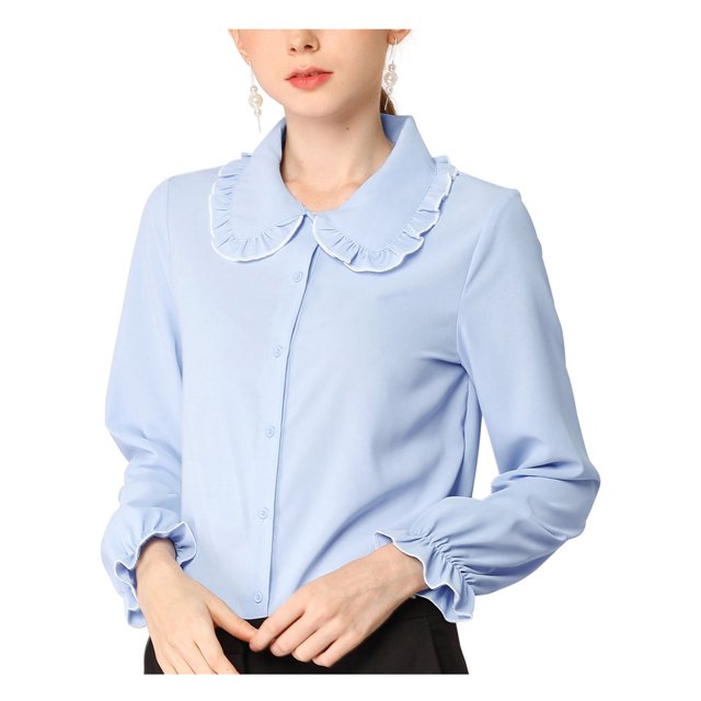 INSPIRE CHIC Women's Sweet Ruffle Peter Pan Collar Button Up Work Shirts