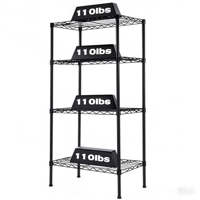 4 Tier Steel Storage Shelves, Shelving Unit with a 440 lbs weight capacity, measuring 23.6 inches wide, 13.7 inches deep, and 47 inches high. This black adjustable wire organizer shelf features four levels, each capable of holding up to 110 lbs, and is constructed from durable carbon steel with 19mm pipes. Suitable for use in garages, kitchens, offices, or pantries, the shelving unit offers adjustable height for versatile storage needs. The image shows the shelving unit with weights displayed on each tier, emphasizing its load capacity.