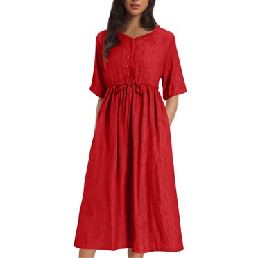 Ohufall Midi Dress for Womens V Neck Elbow Sleeve Button Dress Cotton Tummy Control Adjustable Casual A-Line Dress