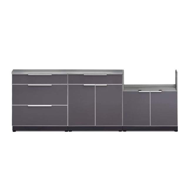 NewAge Products Outdoor Kitchen Aluminum 4 Piece Cabinet Set with Countertops in slate gray, featuring aircraft-grade aluminum frames and tempered glass doors. Includes a 3-drawer cabinet, bar cabinet, 33-inch insert grill cabinet, and 64-inch stainless steel countertop. Ideal for weather-resistant outdoor storage and garage organization, with adjustable levelers for uneven surfaces.