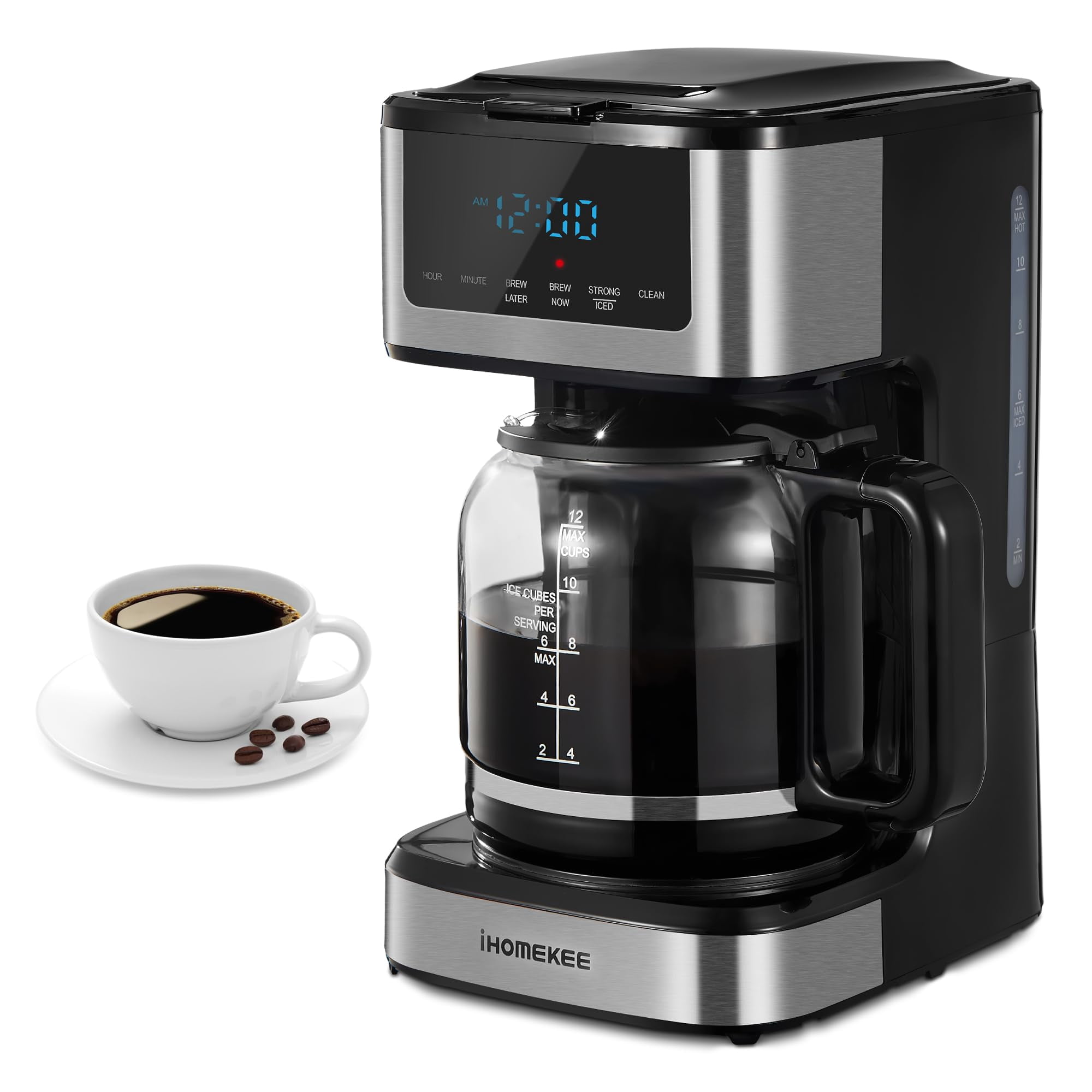 Ihomekee Coffee Maker, Programmable Drip Coffee Maker 12 Cup, Regular & Strong Brew Drip Coffee Machine with Iced Coffee Function for Home and Office, Black & Stainless Steel (Bla