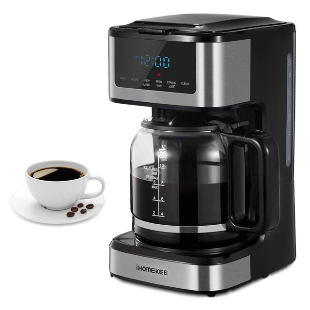 Ihomekee Coffee Maker, Programmable Drip Coffee Maker 12 Cup, Regular & Strong Brew Drip Coffee Machine with Iced Coffee Function for Home and Office, Black & Stainless Steel (Bla