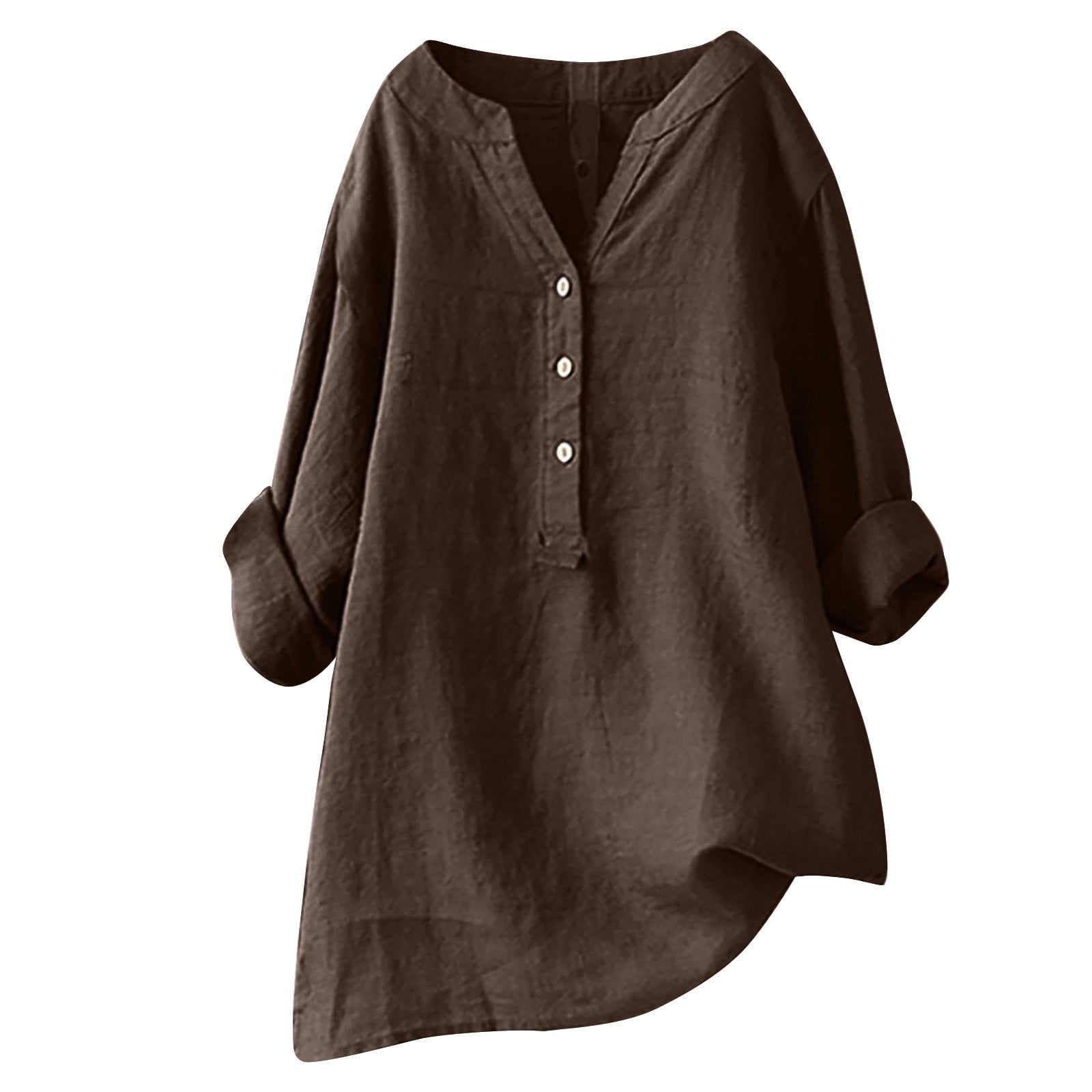 Timegard Plus Size Tops for Women Cotton Linen V Neck Button Long Sleeve Shirts Blouse Fall Loose