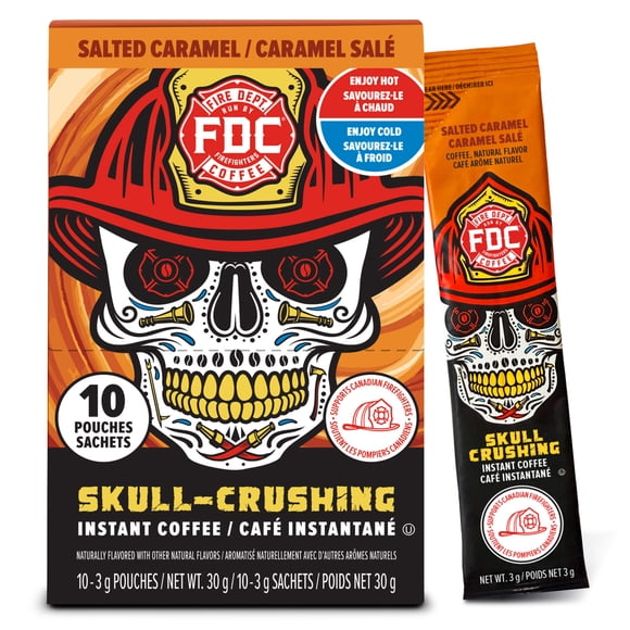 Fire Department Coffee, Salted Caramel Skull-Crushing Instant Coffee, Instant Coffee Packets Single Serve, Enjoy Hot or Cold (Pack of 10)
