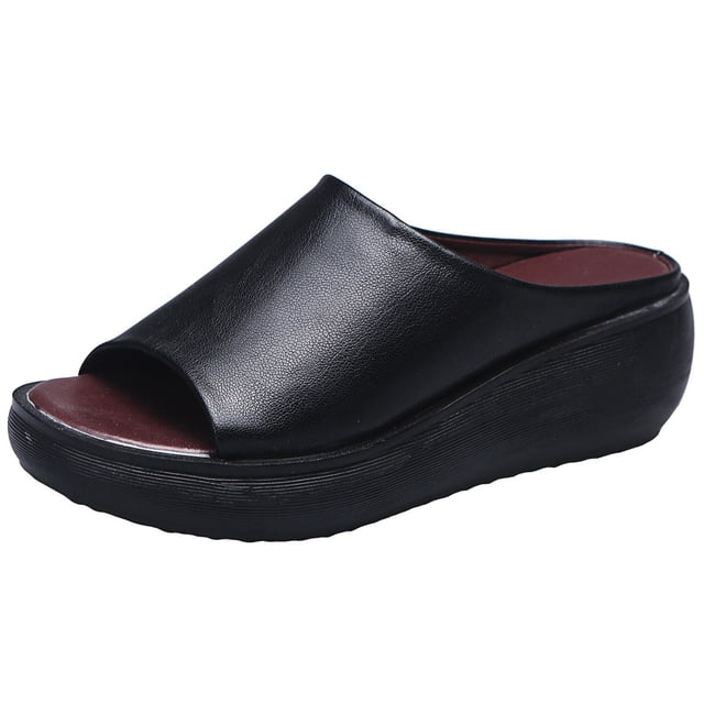 Penkiiy Womens Platform Peep Toe Mules Wedge Slide Sandals 35 Black