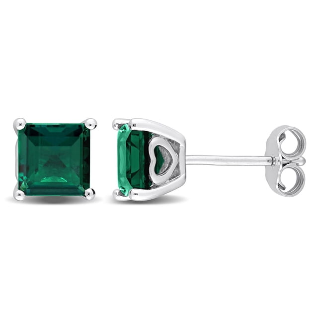 Miabella Princess-Cut Created Emerald Solitaire Stud Earrings in Sterling Silver featuring 6mm princess-cut created emerald gemstones set in four-prong sterling silver with a heart detail basket and butterfly back closures, suitable for elegant everyday wear.