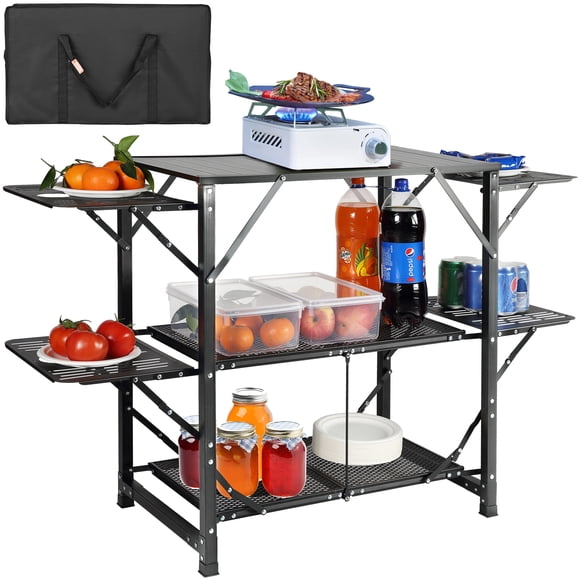 VEVOR Table de Cuisine de Camping, Table de Cuisson Portative Pliante en une Seule Pièce avec Sac de Transport, Table à Manger de Camping en Aluminium, 4 Tables d'Appoint en Fer et 2 Étagères