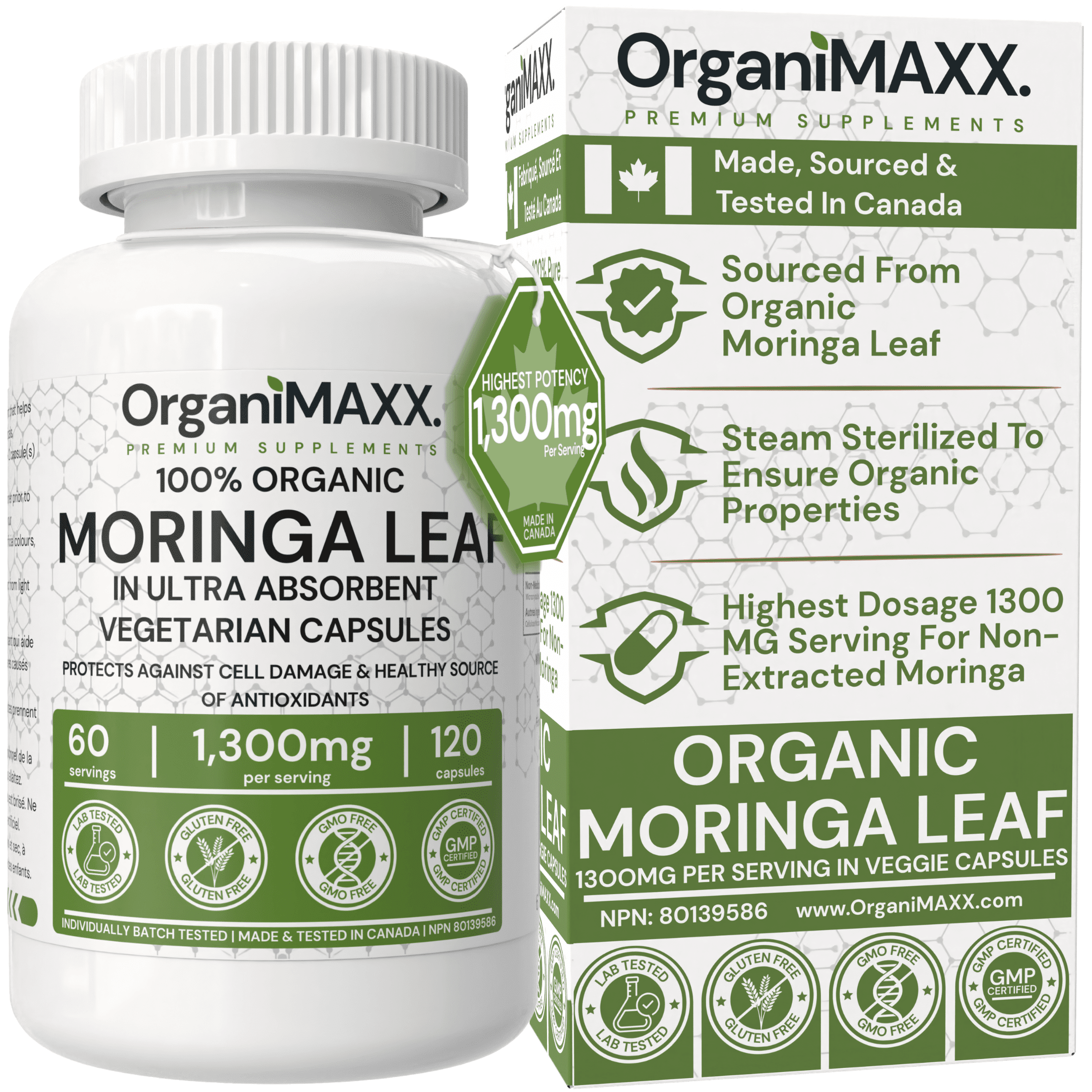 1300mg Organic Moringa Capsules 120 Count HIGHEST POTENCY OrganiMAXX Moringa Leaf Capsules. Supports Gut Health, Liver Detox, Hormone Balance & Antioxidant Health.
