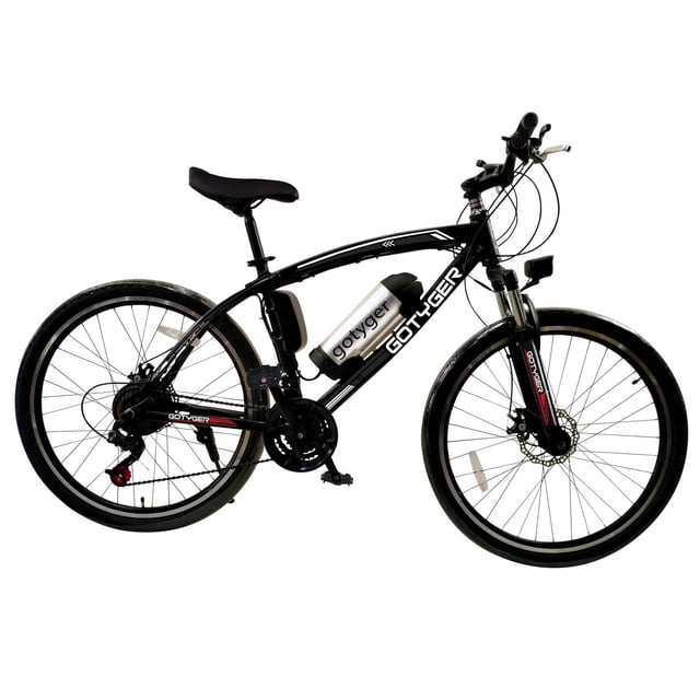 GoTyger Vélo Électrique de 26 Po avec Cadre Courbé Noir, Freins à Disque Hydrauliques Shimano, Fourche à suspension avant, Garde-Boue et Porte-Bagages, Équipé d'Une Batterie Montée sur Cadre Argent pour l'Assistance Électrique, Montré sur le Côté sur Fond Blanc, Convient aux Déplacements Urbains et aux Promenades de Fin de Semaine.