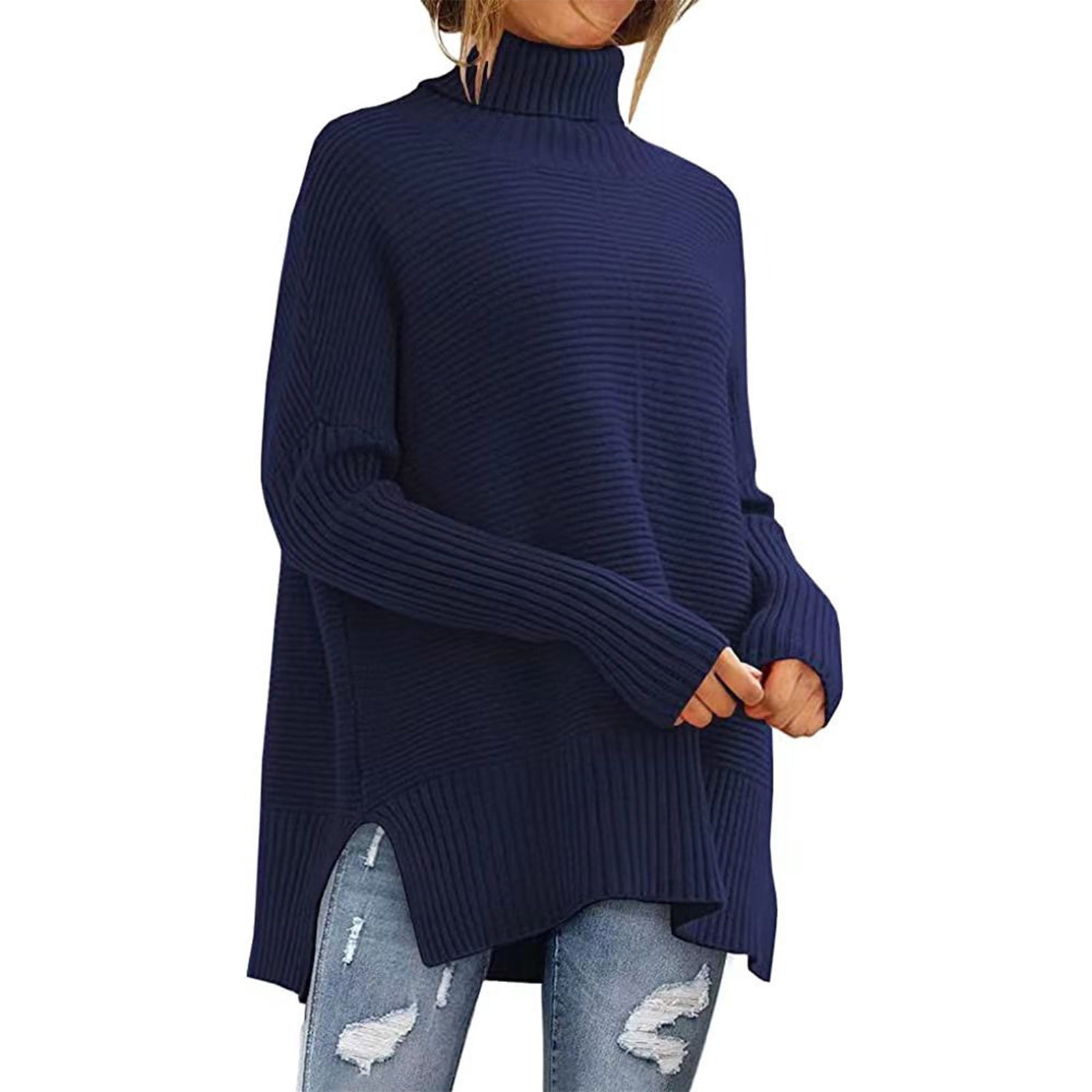 Dagegui Women's Oversized Turtleneck Sweaters Fall Drop Shoulder Long Sleeve Ribbed Knit Tunic Pullover Tops Blue,L