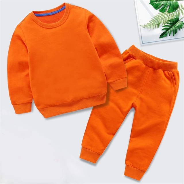 LSLJS Ensemble Automne Hiver pour Bébés Garçons Filles, Chandail à Col Rond et Pantalon de Jogging Couleur Unie (Orange, 9-10 Ans)