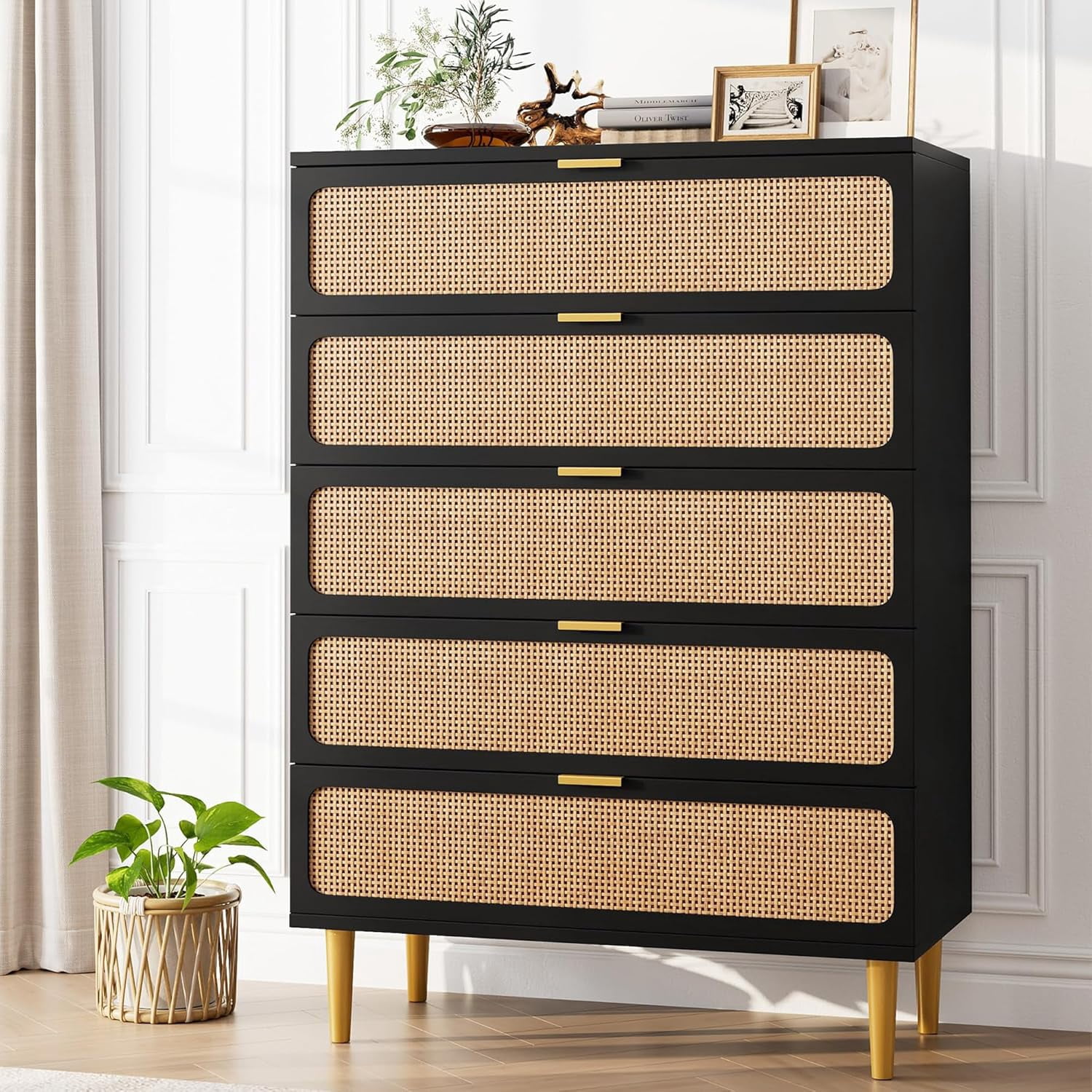 Rattan Dresser with 5 Drawers, Tall Modern Closet with Deep Storage, Large Chest of Drawers with Wide Top, Long Wooden Dresser for Bedroom, Living Room, Hallway, Kids Room, Black
