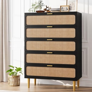 Dressing Rattan avec 5 Tiroirs, Tall moderne placard avec rangement en profondeur, grand coffre de tiroirs avec haut large, longue commode en bois pour la chambre, salon, hall d'entrée, chambre pour enfants, noir