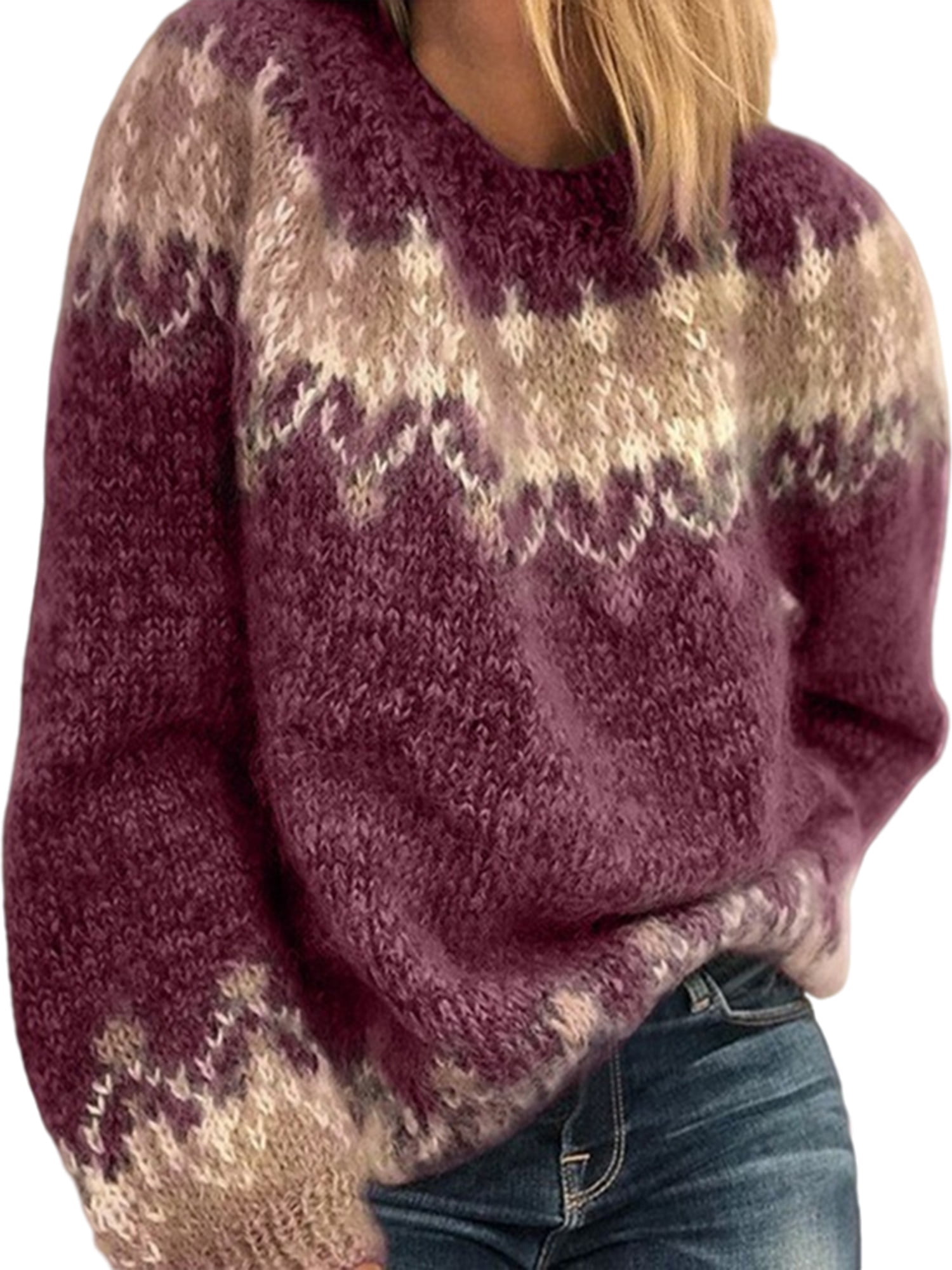 LUXUR Chandail pour Femmes à Manches Longues, Haut de Type Jumper, Hiver Chaud, Chandails Tricotés, Chandail Confortable, Col Rond, Rouge Vin, TTG