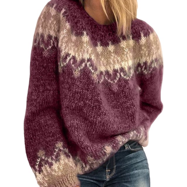 LUXUR Chandail pour Femmes à Manches Longues, Haut de Type Jumper, Hiver, Chaud, Chandails Tricotés, Chandail Confortable, Col Rond, Rouge Vin, TTTG