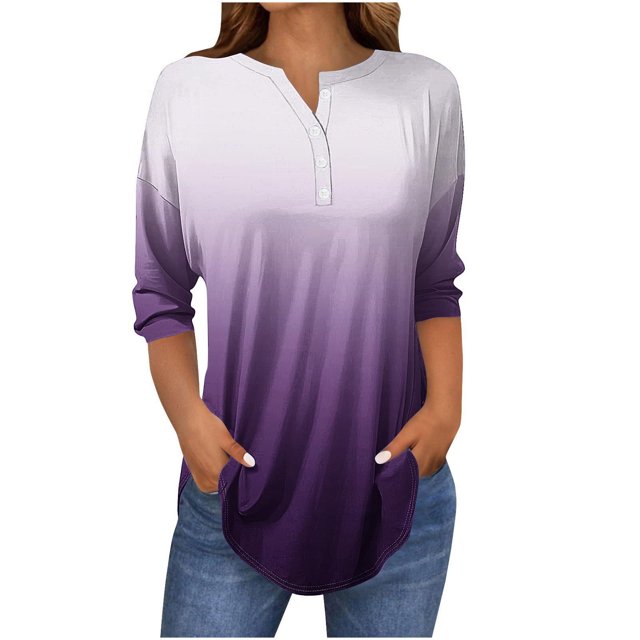 SwiftWear T-Shirts pour Femmes Mode Tendance Col Rond Manches Mi-Longues T-Shirt Couleur Dégradée Décontracté Ample Hauts Basiques