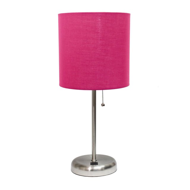 LimeLights Stick Lamp with USB charging port and fabric shade featuring a brushed steel base with USB port, slim metal stem, and bright pink cylindrical fabric shade with pull chain switch, suitable for bedrooms, dorms, and charging small electronics.