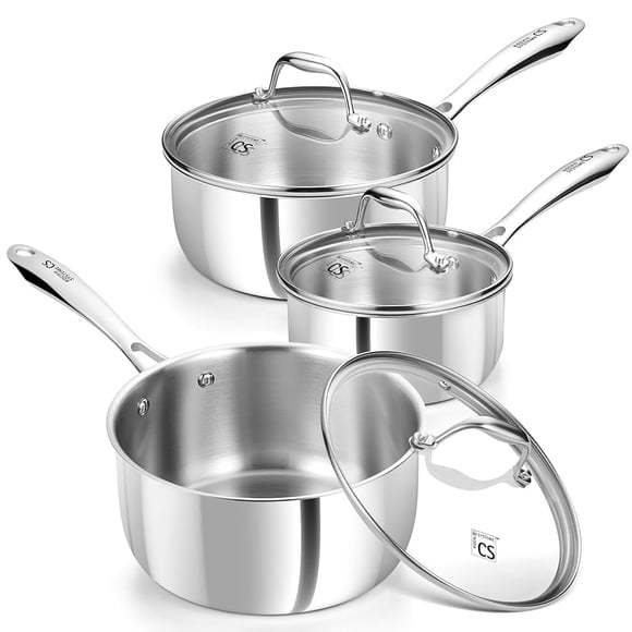 Koch Systeme CS 6-Piece Tri‑Ply Stainless Steel Saucepan Set — 1 qt / 2 qt / 3 qt with Lids — Induction Compatible, Oven & Dishwasher Safe