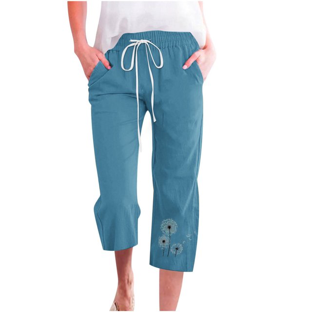 Pantalon en Coton et Lin Femme Mode Femmes Taille Haute Jambe Droite Poches Imprimé Coton et Lin Décontracté Poches Pantacourts Pantalon Taille Haute Pantacourts pour Femmes Pantalon Taille Haute pour Femmes