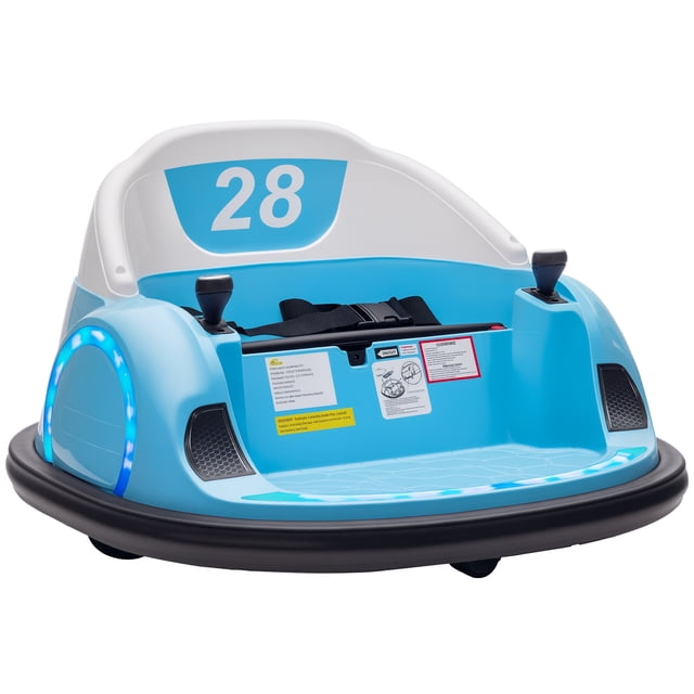 Qaba Auto Tamponneuse 12V pour Tout-Petits avec Rotation à 360 Degrés, Voiture pour Tout-Petit Bleu Pâle à Centrage avant en Plastique et Acier Bleu Pâle avec Siège Baquet Bas et Ceinture de Sécurité visible, Lumières DEL avant et Klaxon sur le Tableau de Bord, Bords de Pare-Chocs Moulés, Roues de 1,6 Pouces (4 cm), Télécommande Portative sur Asphalte; Gradins 26,2 Pouces x 25,4 Pouces x 15,4 Pouces (66,5 x 64,5 x 39 cm), Capacité de 55 lb (