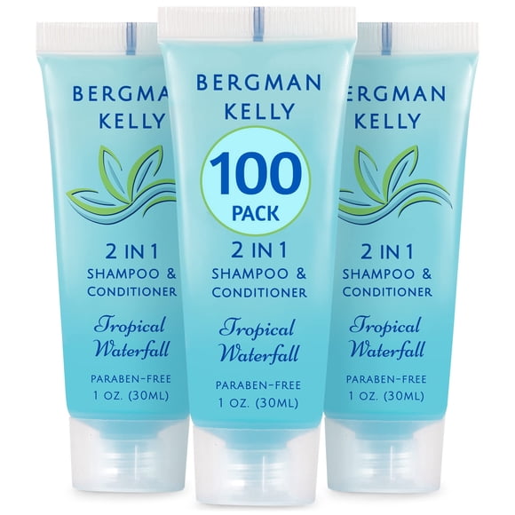 Bergman Kelly - Travel Size 2 in 1 Shampoo & Conditioner - 1 fl oz, 100 PK, Tropical Waterfall - Delight Your Guests w/Invigorating & Refreshing Shamp