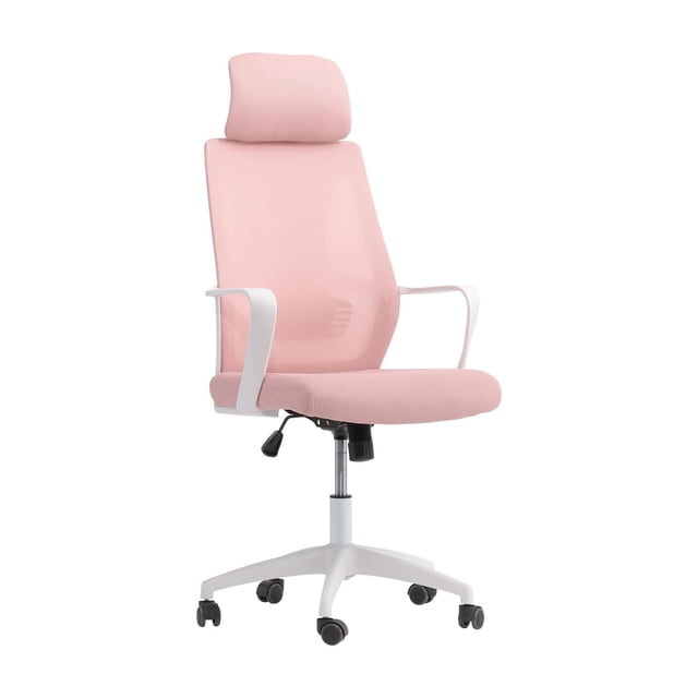 CorLiving Ashton High Back Ergonomic Mesh Back Adjustable Height Adult Office Chair with Headrest in pink mesh fabric and white frame, featuring built-in lumbar support, adjustable headrest, height lever, and smooth-rolling caster wheels for easy mobility on various floors.
