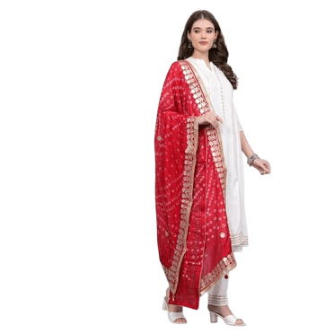 Dweep Sara Bandhej en Soie Jaipuri Blanche Dupatta Rouge en Rayonne Noire Slub Anarkali Ensemble de Costume S-TTG