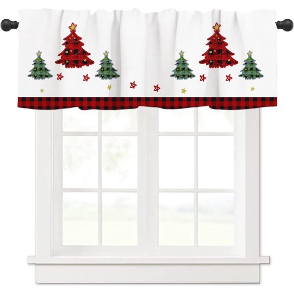 Christmas Valance Curtains for Windows, Christmas Tree White-Red Elegant Kitchen Valances for Windows Heat Insulated, Window Treatments for Kitchen Bathroom Bedroom 54 x 18 inch