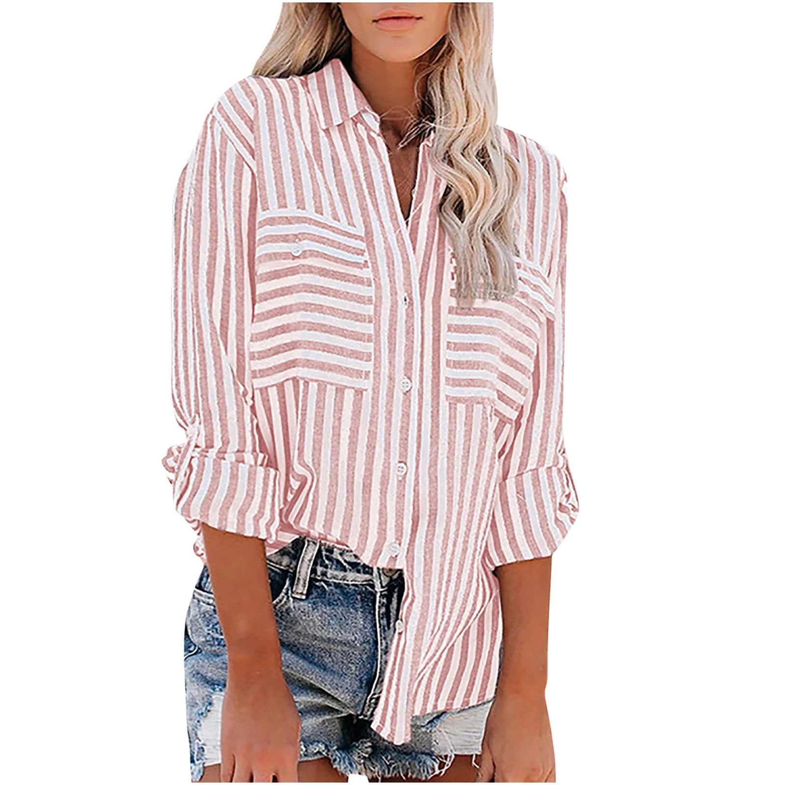 Lolmot Hauts pour Femmes à Rayures Imprimées Chemise à Simple Boutonnage à Manches Longues Hauts en Coton et Lin