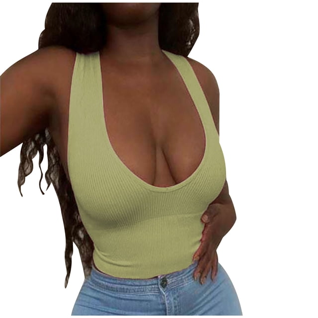 AherBiu Workout Tops for Women Ribbed Bralette Cropped Tank Top Stretchy Deep V Neck Yoga Cami