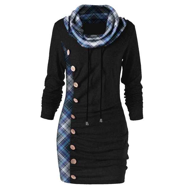 Fridja Robe pour Femmes à Carreaux, Col à Boutons, Cordon de Serrage, Hauts à Coutures, Tunique Décontractée, Chandail à Manches Longues