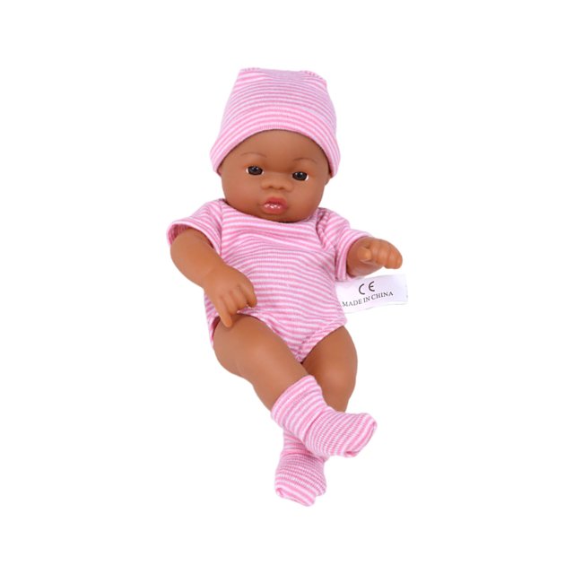 Reborn Baby Doll, a realistic newborn baby doll measuring 7.87 inches, made of soft vinyl material. The doll is dressed in a pink and white striped outfit, including a matching hat and socks. Its lifelike design features adjustable limbs for various poses, making it suitable for play, decoration, or photography props. Includes a pacifier and is ideal as a gift for children or collectors.