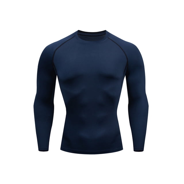 MAWCLOS Mens Summer Tops Crew Neck Sport T Shirt Solid Color Compression Shirts Breathable Running Long Sleeve Tee Blue S