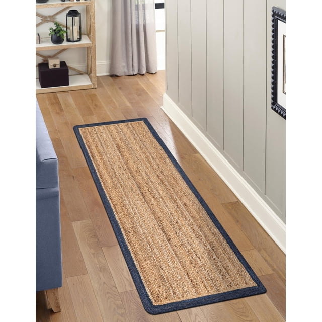 Indian Handmade Braided Navy Blue Border with Inner Natural Jute Area Rug, Home Décor Rug, Jute Rug for Bedroom, Dining Room, living room, Doormat Rug Size - 2' x 5' (60 cm x 150 cm)