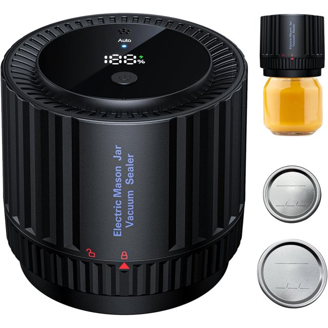 SURJDE Vacuum Sealer for Jars, an automatic electric mason jar vacuum sealer for wide-mouth and regular-mouth jars, featuring a black cylindrical design with an LED display. Includes two jar lids and a sealed jar with yellow contents, ideal for food preservation and portable use.