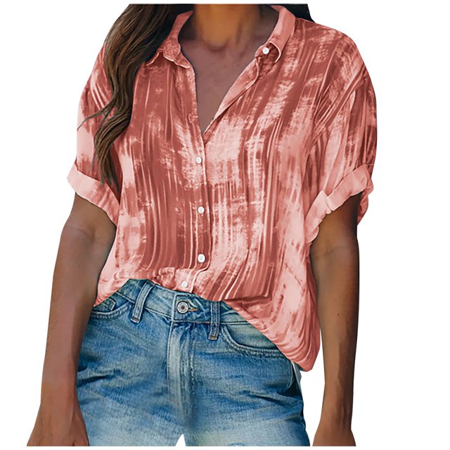 Womens Short Sleeve Blouses with a button-down design, printed pattern, and casual style. This lightweight polyester V-neck blouse features short sleeves and a backswing length, perfect for casual occasions, daily wear, or pairing with jeans. Shown in a reddish tie-dye pattern, it is a stylish addition to women's fashion tops.