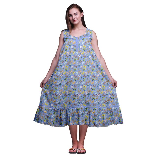 Bimba Chemises de Nuit en Coton Imprimées Colorées Lavande Bleu Papillons pour Femmes Robe Sans Manches Tenue de Nuit Robe Maxi Petit