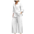 thumbnail image 1 of Women 2 Piece Linen Sets 2025 Button Up Long Sleeve Shirt Drawstring Wide Leg Pants Set Summer Outfits, 1 of 5