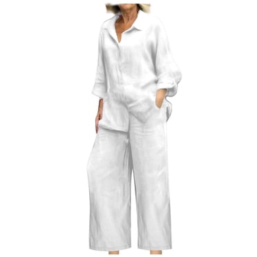 Ensemble 2 Pcs en Lin pour Femmes 2025 Chemise à Boutons à Manches Longues Pantalon à Jambe Grand à Cordon Ensemble Tenues d'Été