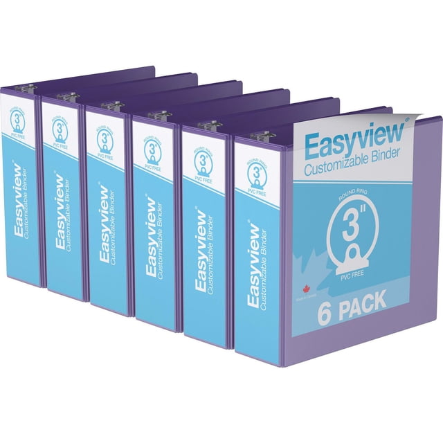 Davis Group Easyview Premium Round Ring Customizable View Binder 6 Pack 3 inch, six purple binders with clear overlay on front, spine, and back covers, featuring 3-inch round rings and PVC-free polypropylene construction, made in Canada, ideal for organizing presentations, manuals, and reports.