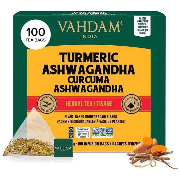 VAHDAM Sachets de Tisane au Curcuma et à l'Ashwagandha (100 Unités) Sans Caféine, Non OGM, Sans Gluten / Mélange de Tisanes 100 % Pur - Sucré et Terreux / Sachets de Thé Entiers en Feuilles Lâches / Pochette Refermable à Glissière