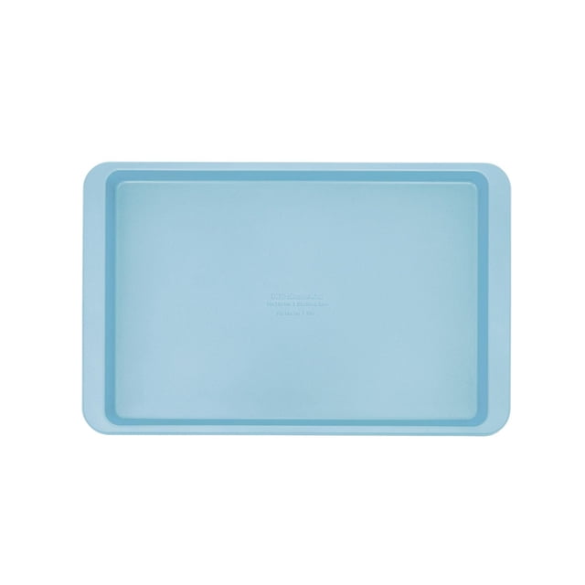 KitchenAid 10x15-inch Baking Sheet Mineral Water shown from above with a rectangular light blue nonstick aluminized steel surface, raised rims, and extended handles to prevent warping and ensure even heat distribution, ideal for baking cookies, sheet cakes, or one-pan meals.