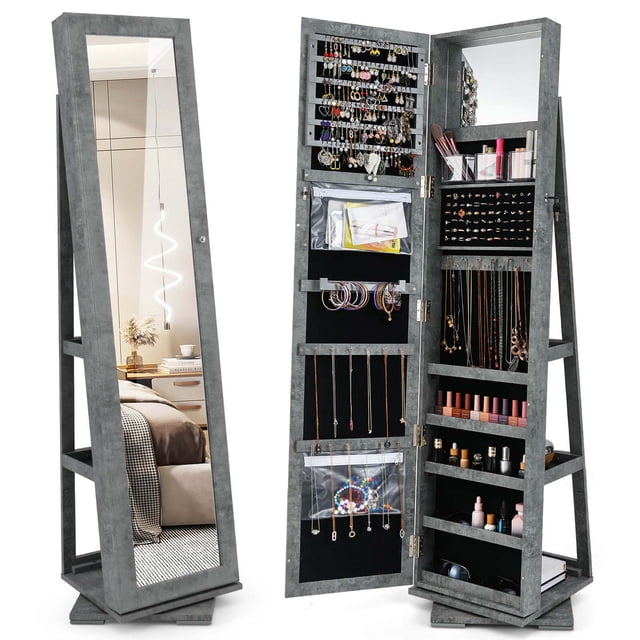 Costway Armoire à Bijoux Rotative à 360° 2-en-1 Verrouillable Miroir Gris Foncé