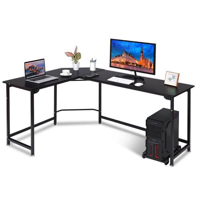 Gymax Bureau d'Ordinateur d'Angle en Forme de L Table d'Étude pour PC Portable Bureau Noir