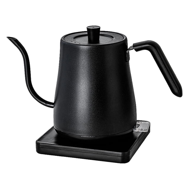 EGNMCR Electric Kettle Gooseneck Kettle, an 800ML stainless steel water kettle in black with a precision gooseneck spout for controlled pouring. Features include fast heating, auto-shut off, and boil-dry protection. The kettle is shown on its black base with an ergonomic handle for easy grip.